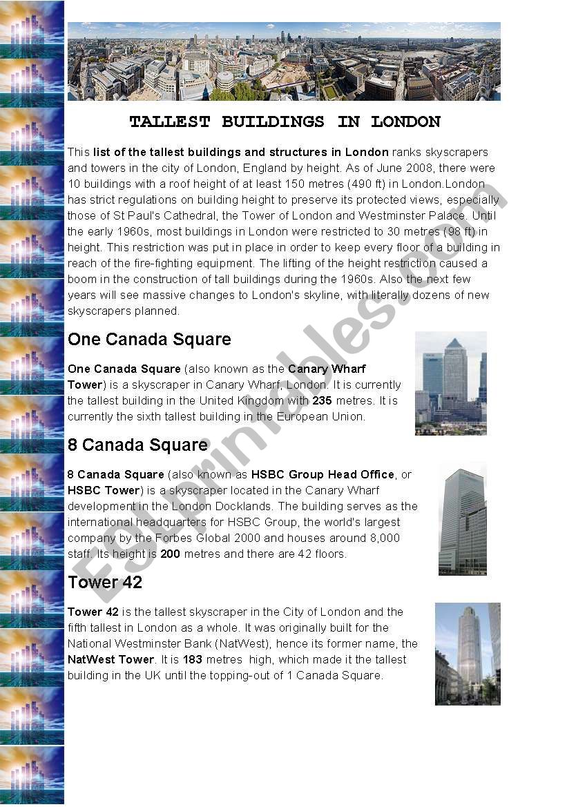 Tallest buildings in London worksheet