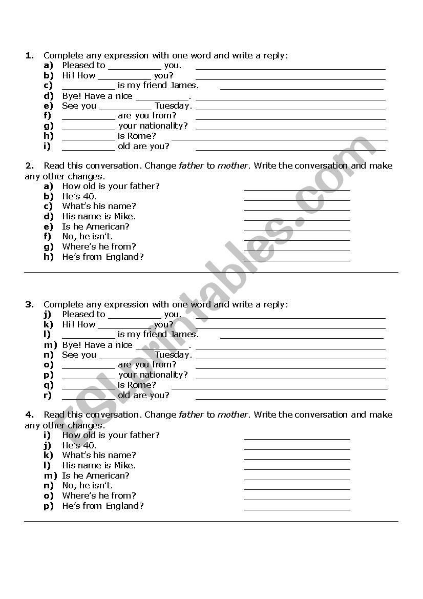 Personal Information worksheet