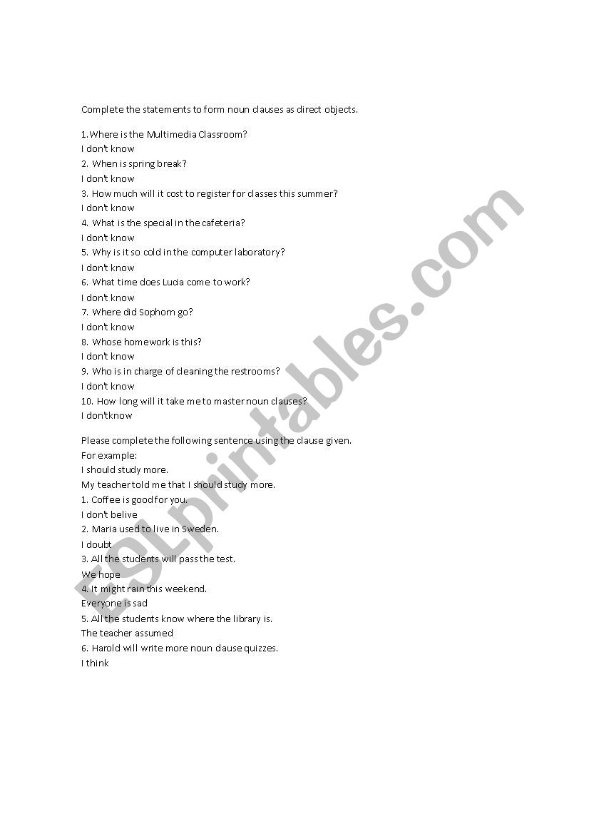 noun clauses worksheet