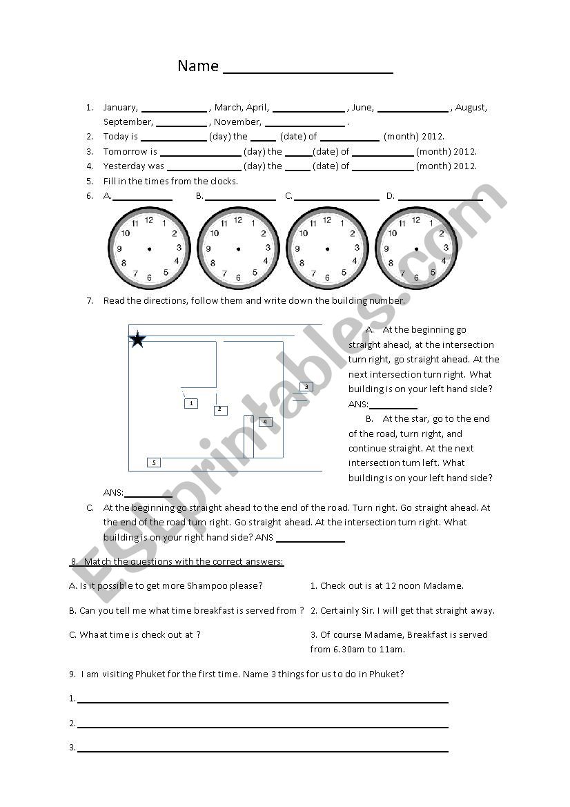 Hotel English Test worksheet