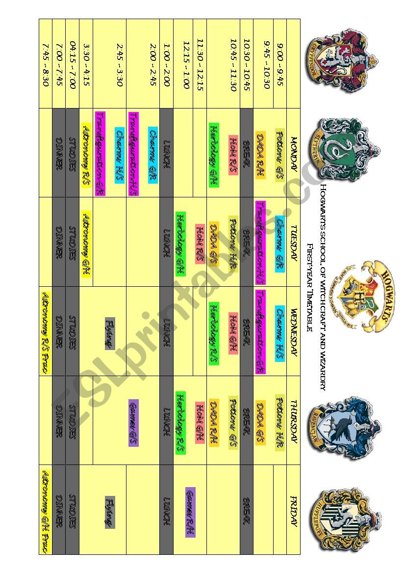 Hogwarts 1st year timetable worksheet