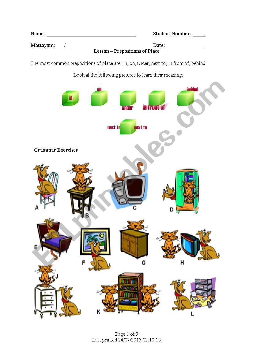 Prepositions of place worksheet