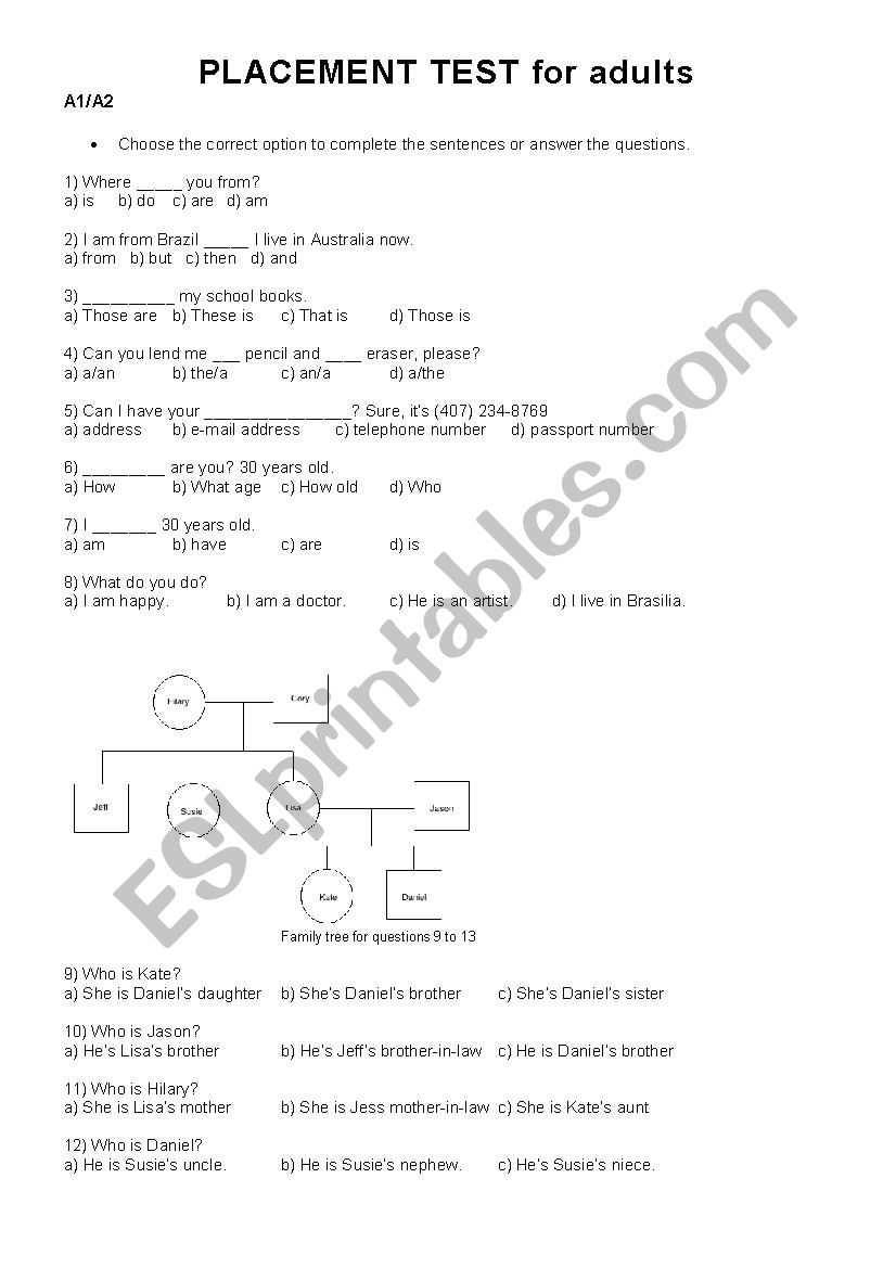 Placement Test for adults A1/A2