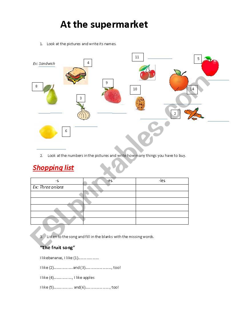 At the supermarket worksheet