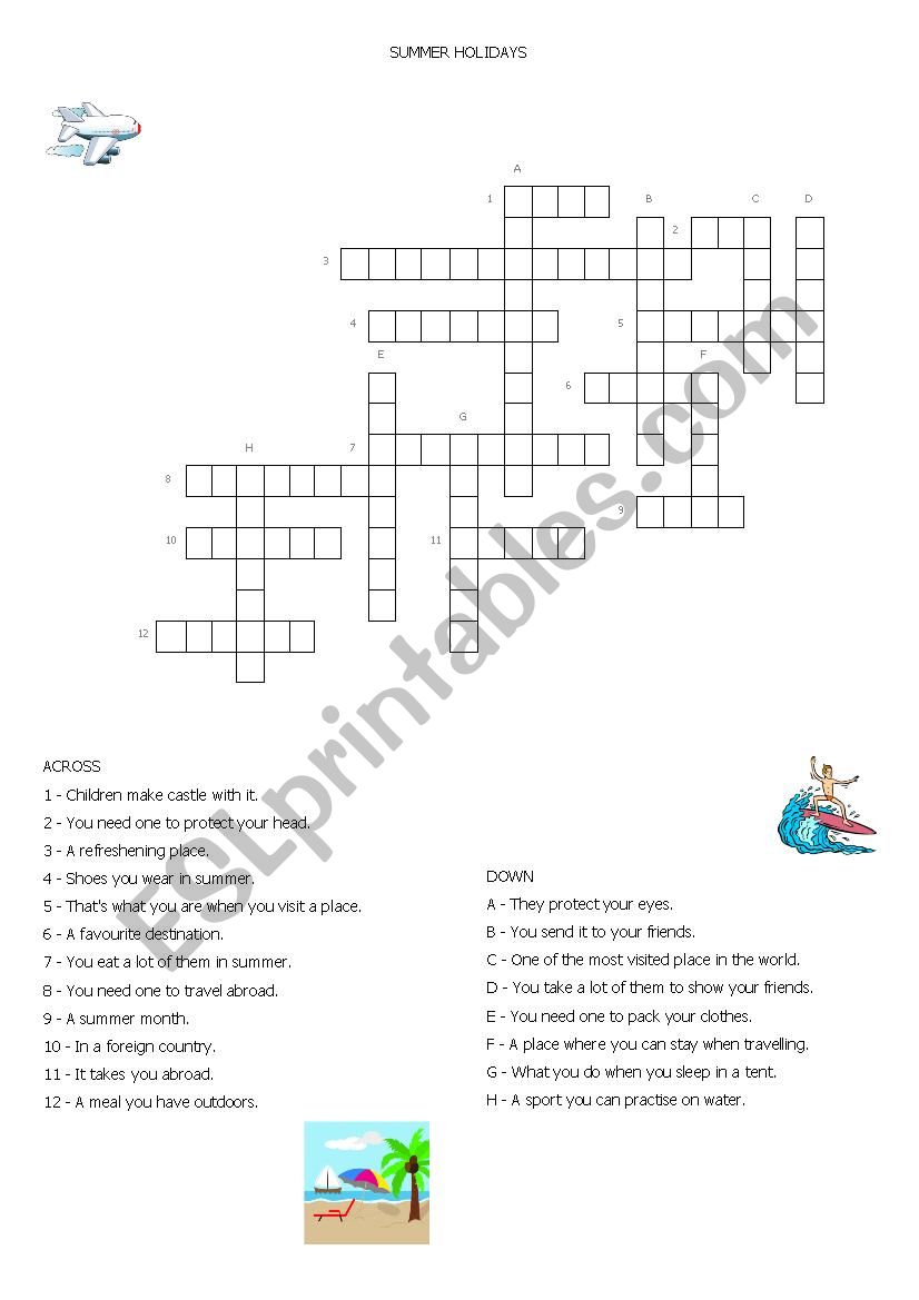 Summer holidays crosswords worksheet