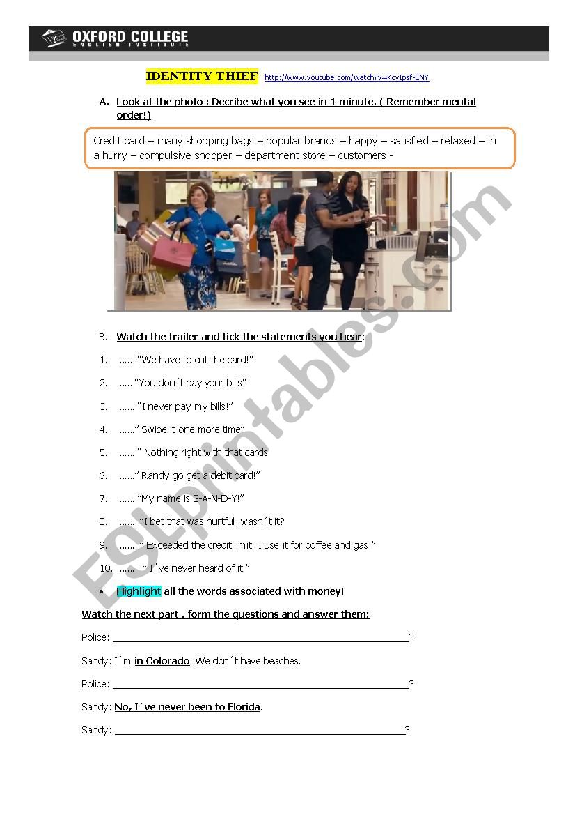 IDENTITY THIEF movie  worksheet