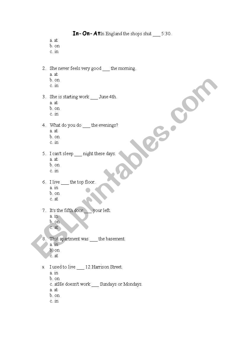 IN/ON/AT worksheet