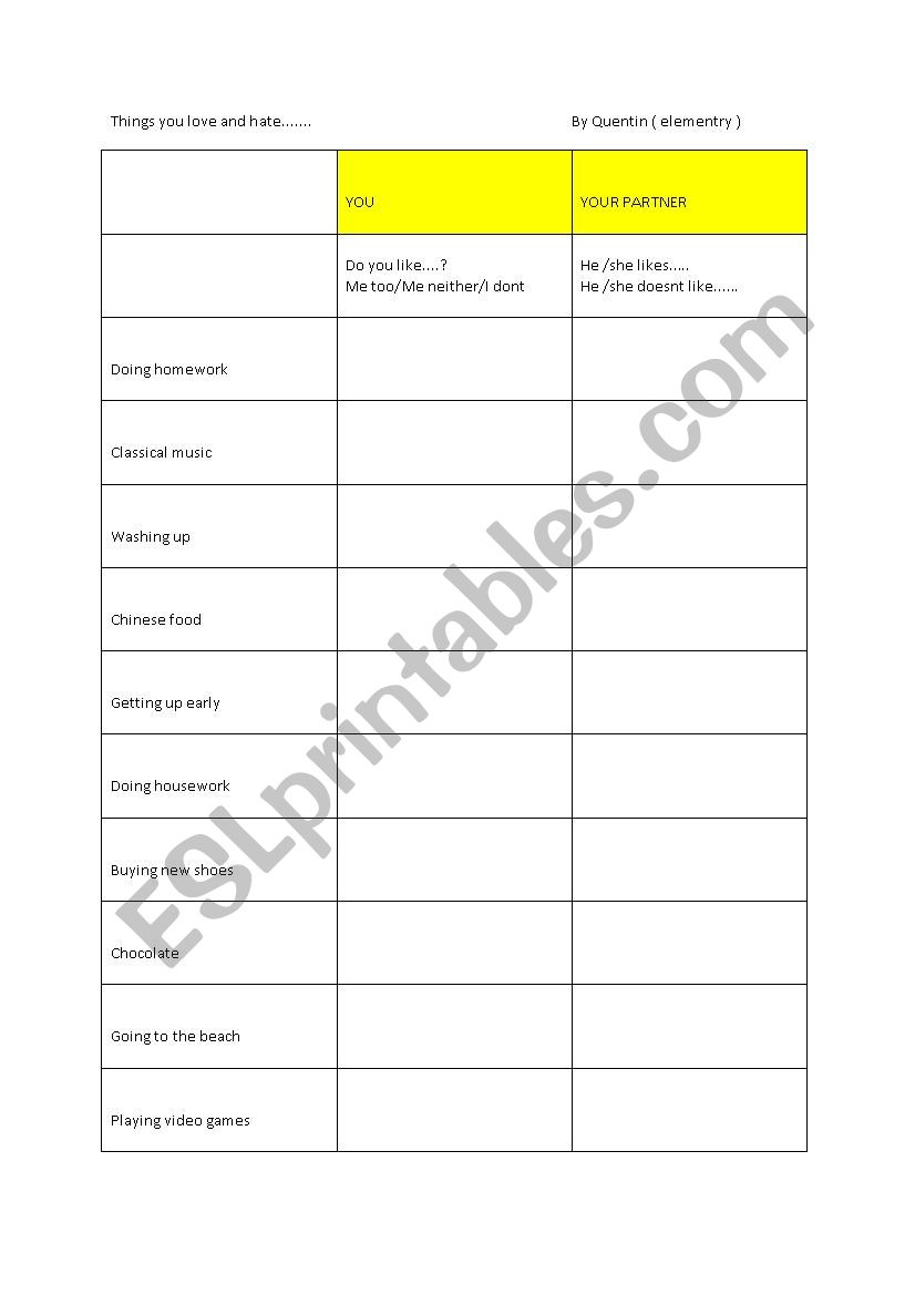 Things you love and hate worksheet