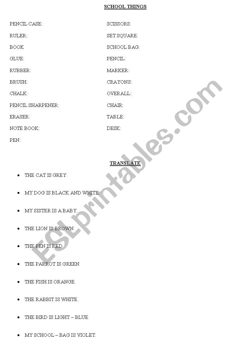 school things worksheet