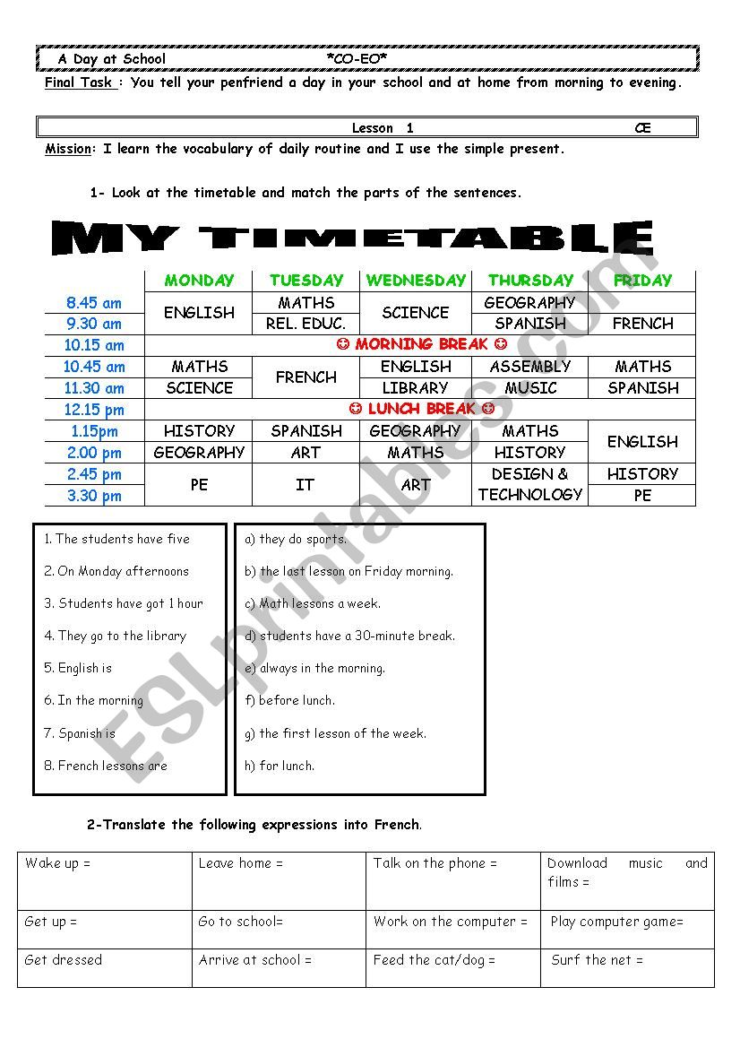 A Day at School Lesson1 worksheet