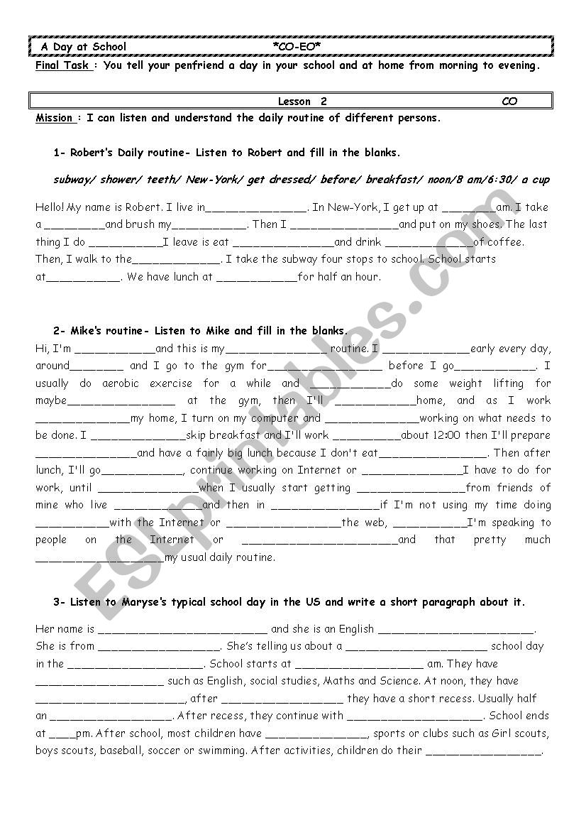 A Day at School Lesson2 worksheet