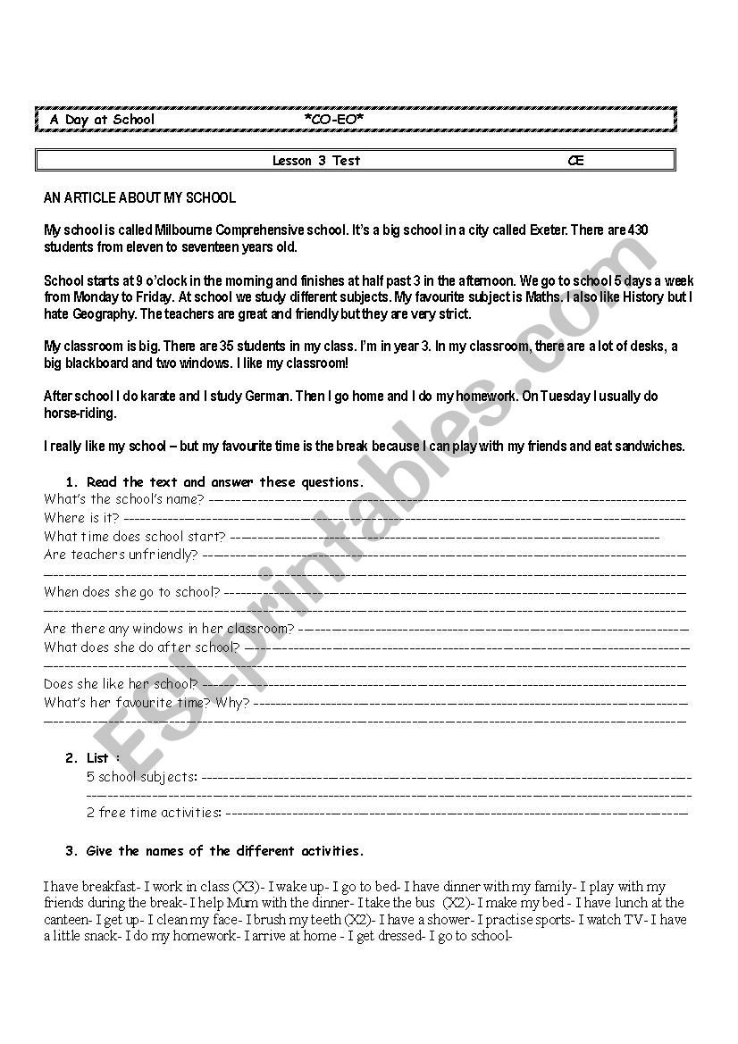 A Day at School Lesson3 Test worksheet