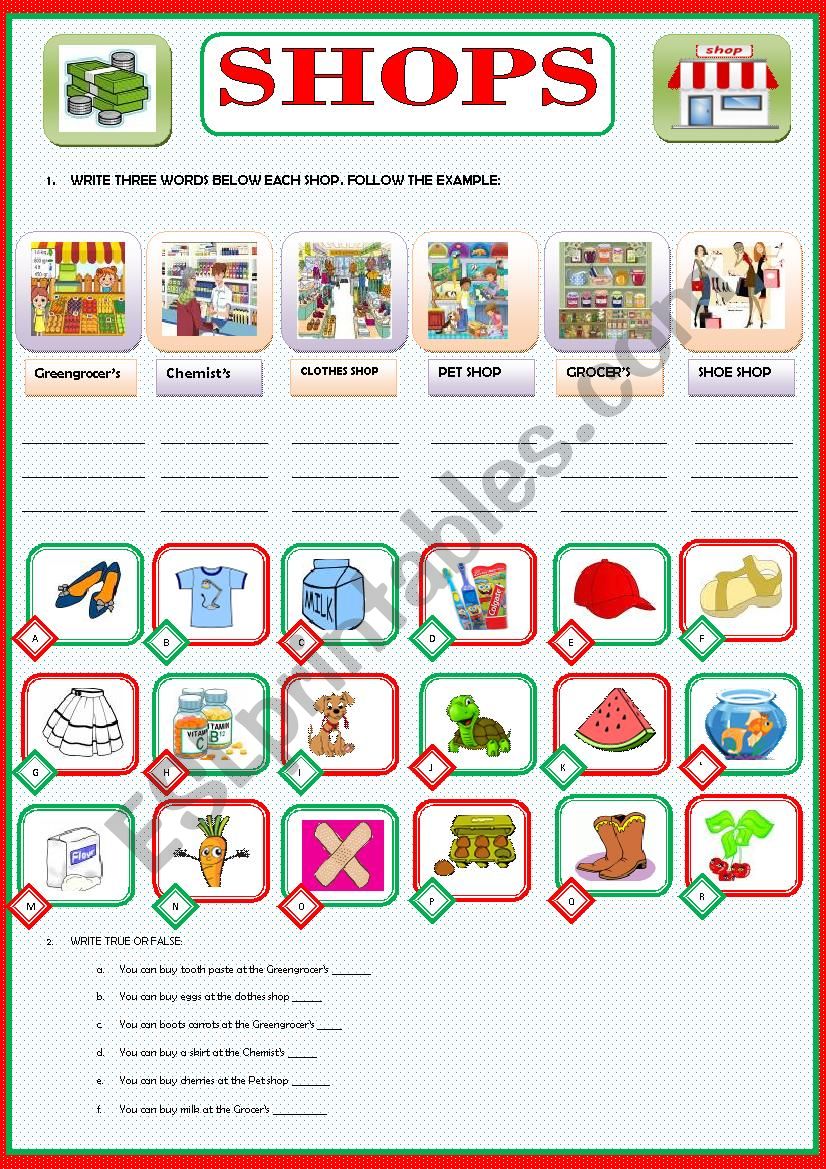 SHOPS AND PRODUCTS worksheet