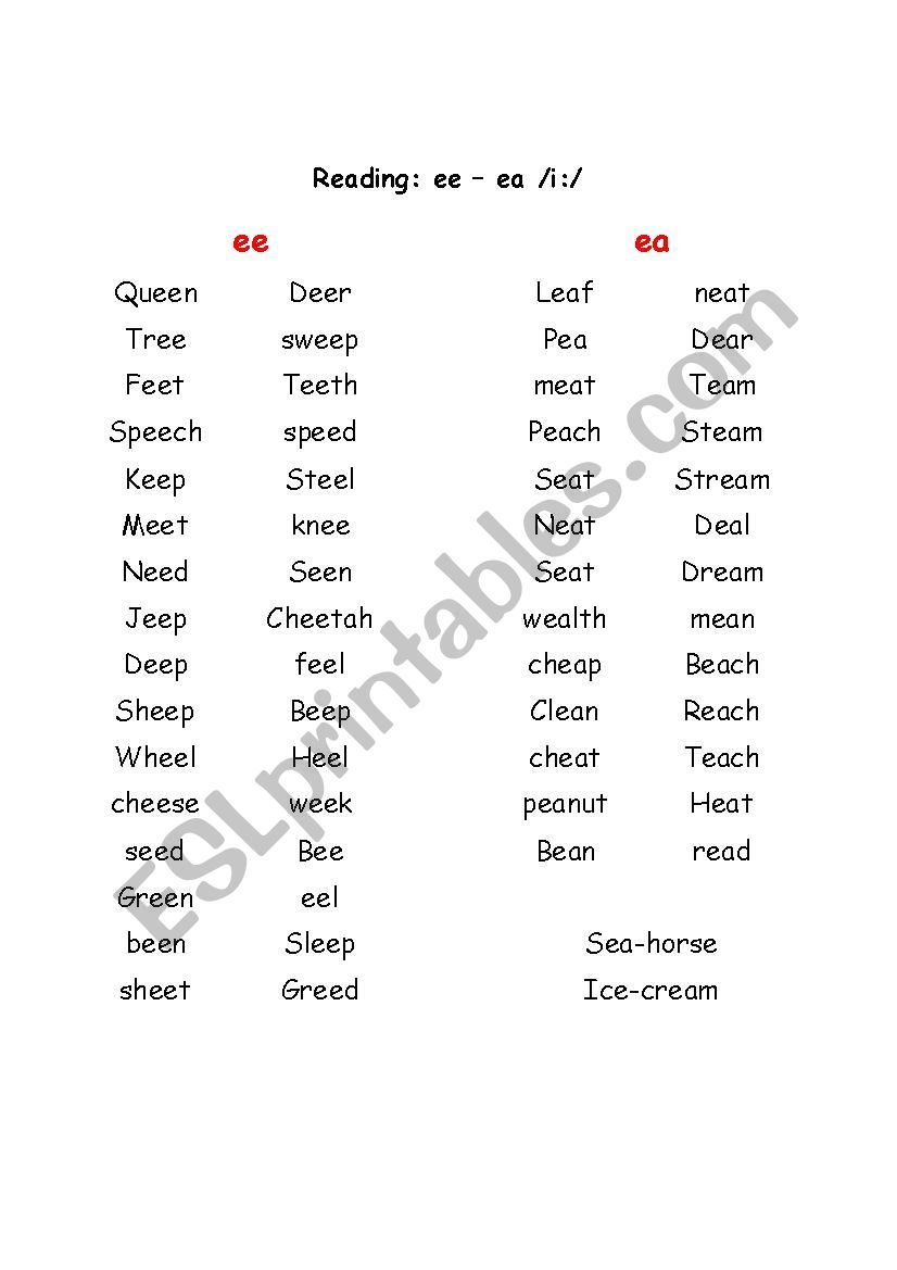 reading: ee - ea long /i:/ sound