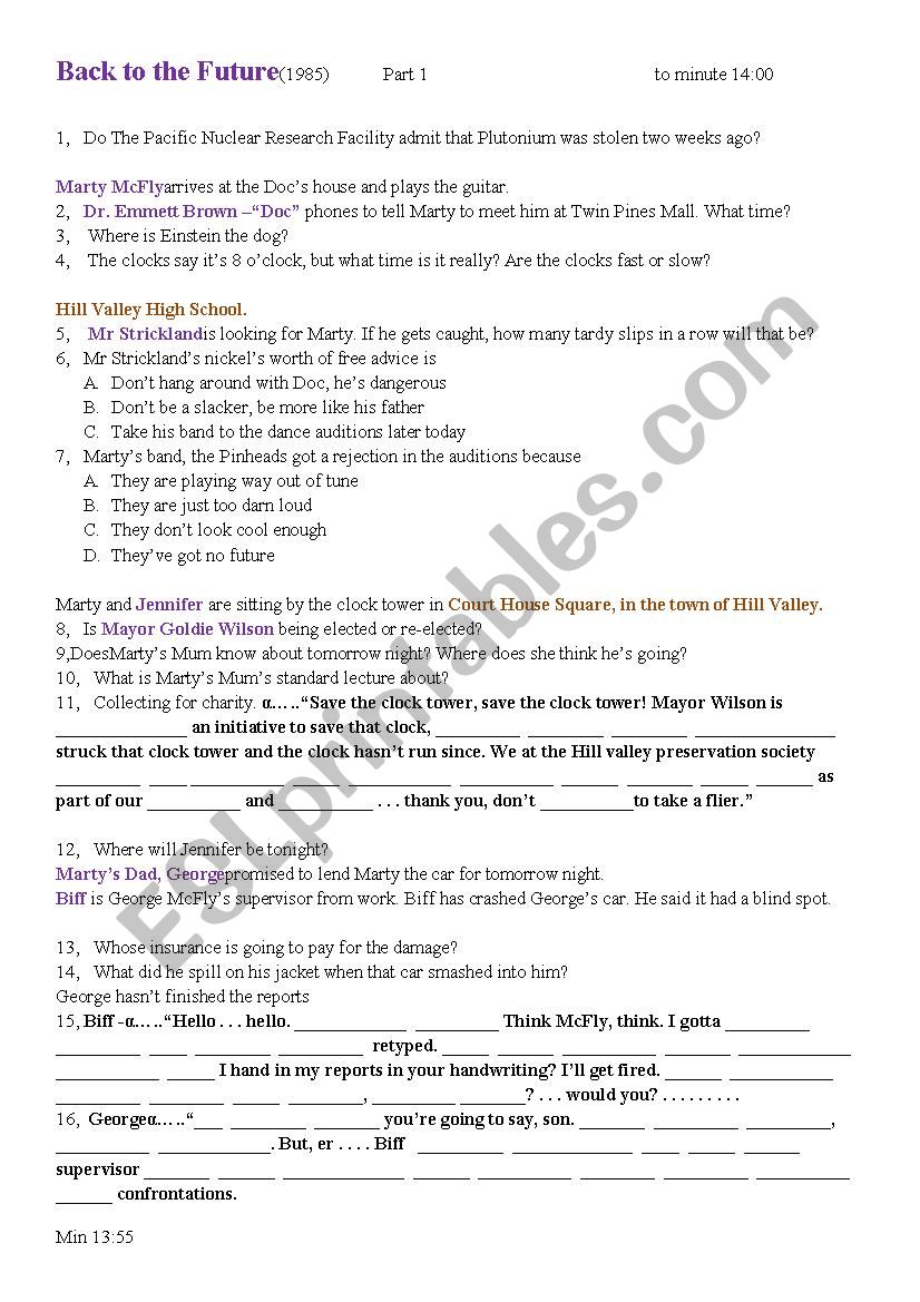 Back to the Future: Question sheet - part 1