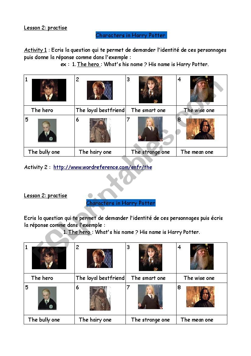 characters in Harry Potter worksheet