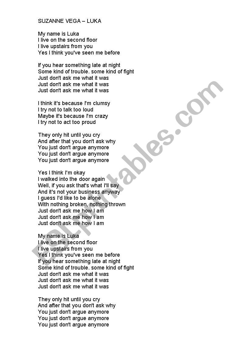 Susanne Vega - Luca worksheet