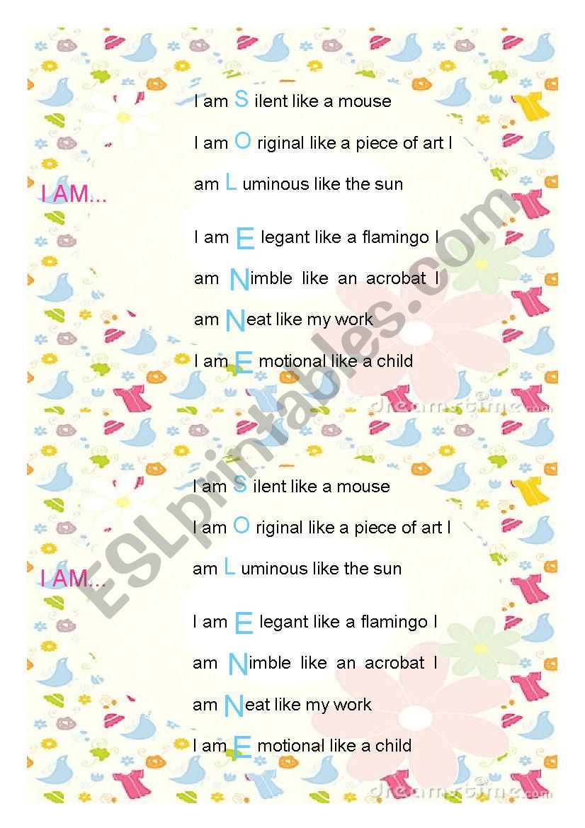 I am poem worksheet