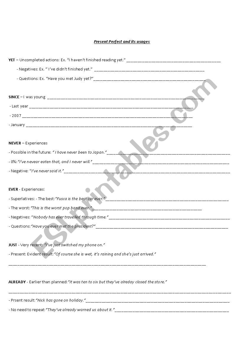 present perfect ideaa worksheet