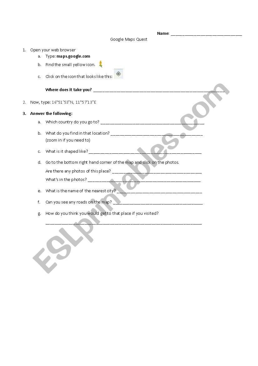 Google Map Quest worksheet