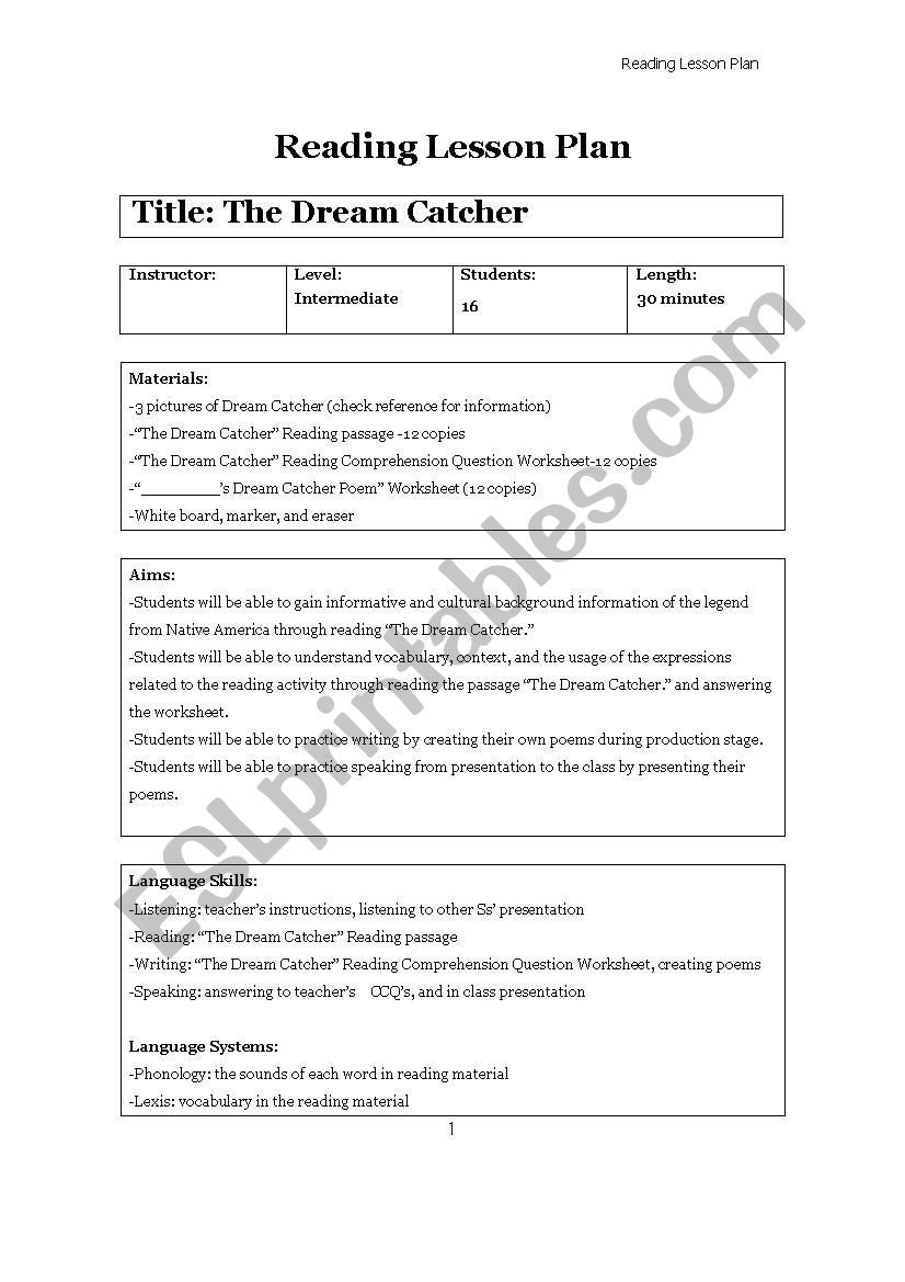 The Dream Catcher - Full class lesson plan 