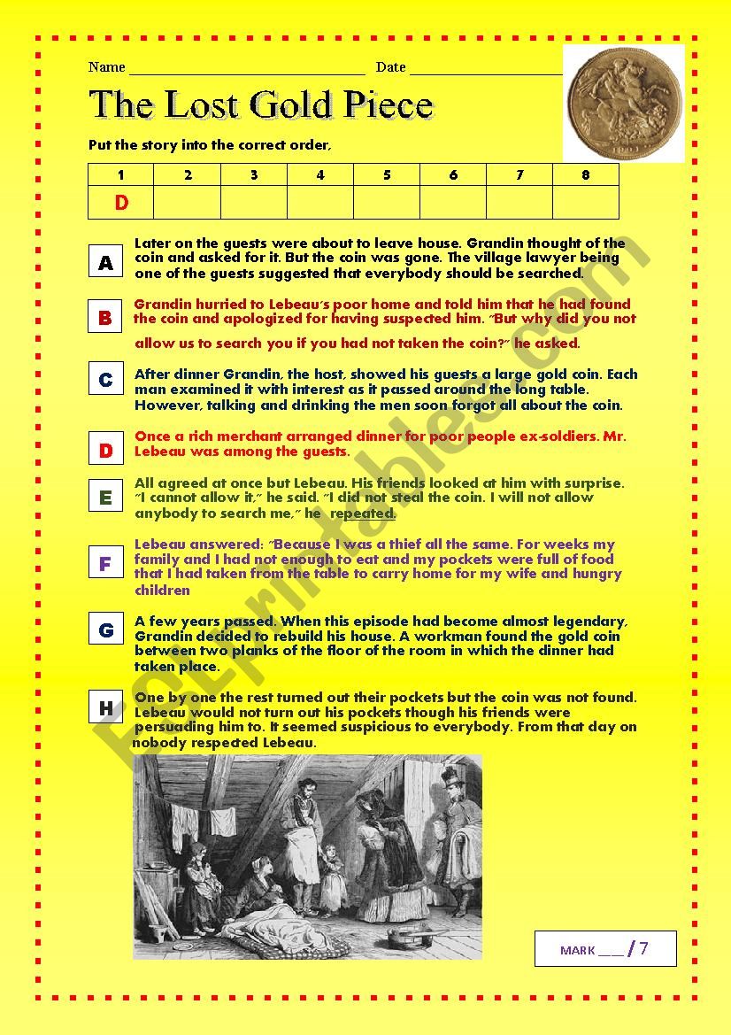 Reading Comprehension ´The Lost Gold Piece´ Reading Comprehension ´The Lost Gold Piece´