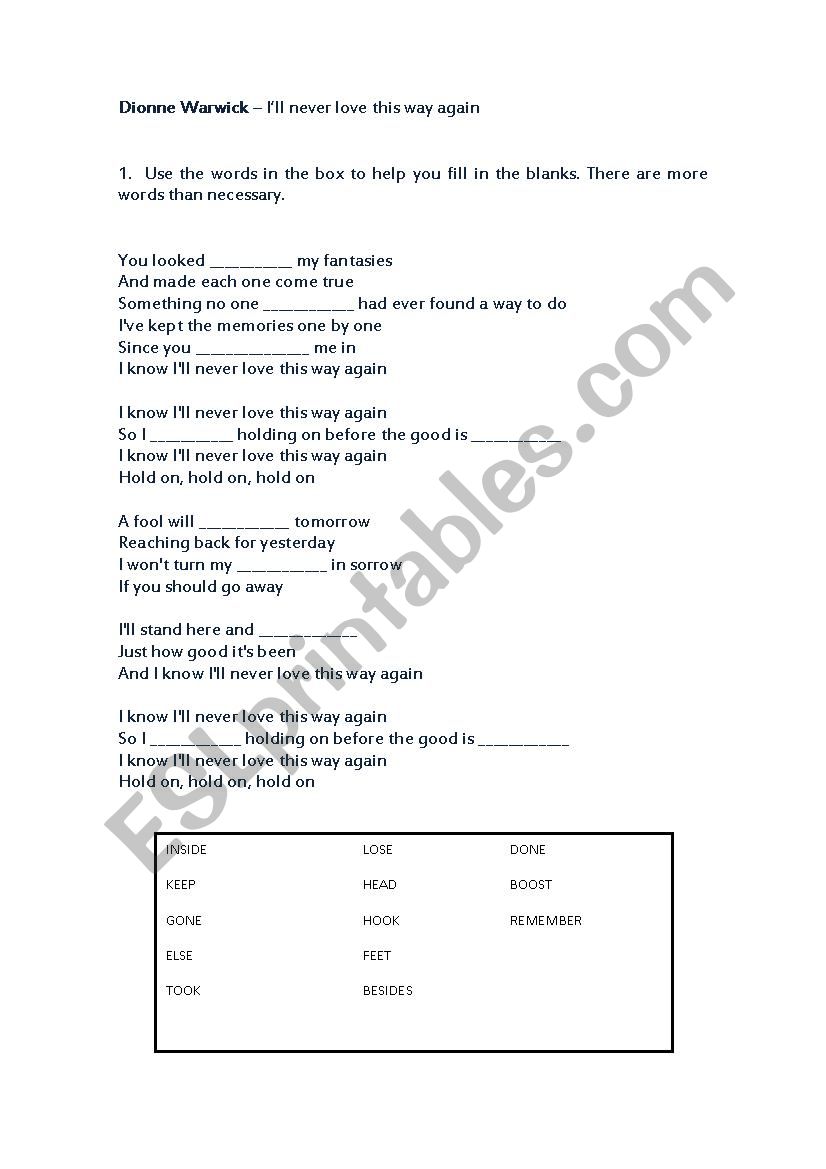 Song worksheet: Ill never love this way again