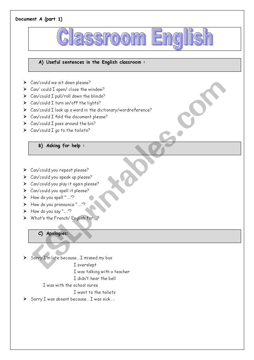 classroom english worksheet