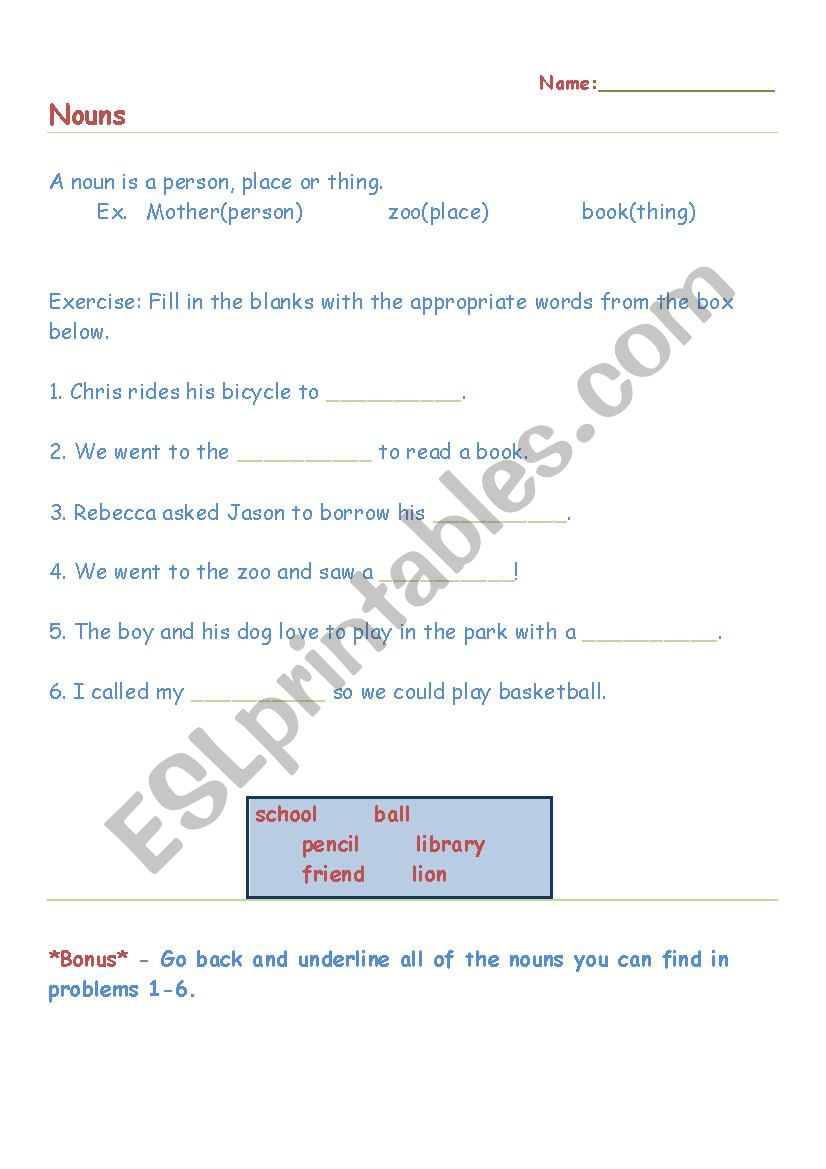 Nouns worksheet