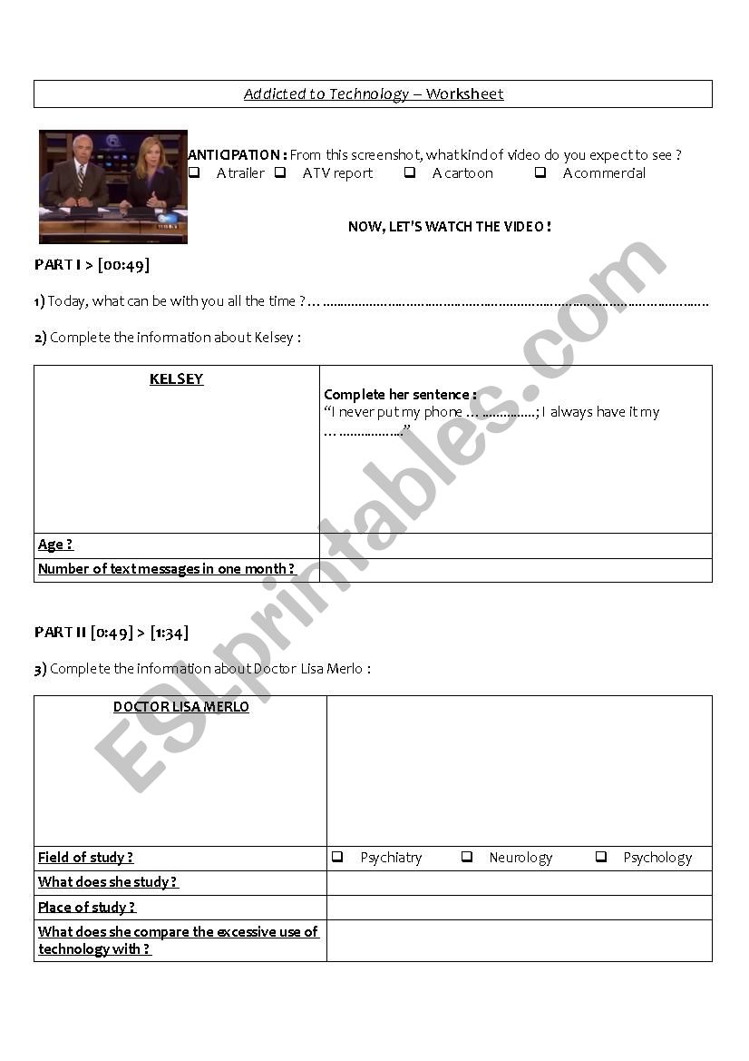 Addicted to Technology Part I worksheet