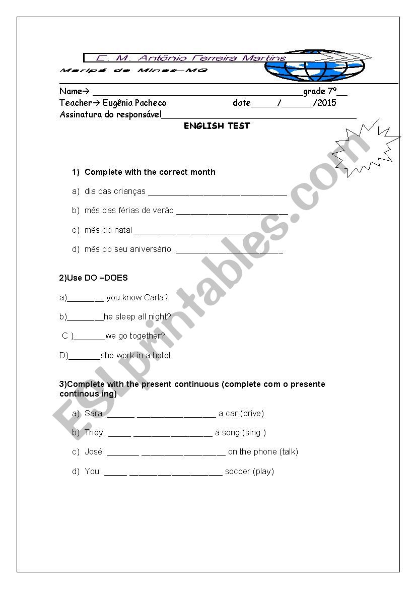 english test  worksheet