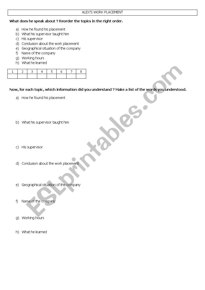 Alexs workplacement worksheet