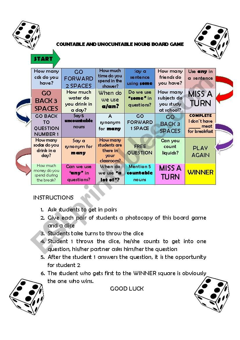 COUNTABLE AND UNCOUNTABLE NOUNS BOARD GAME