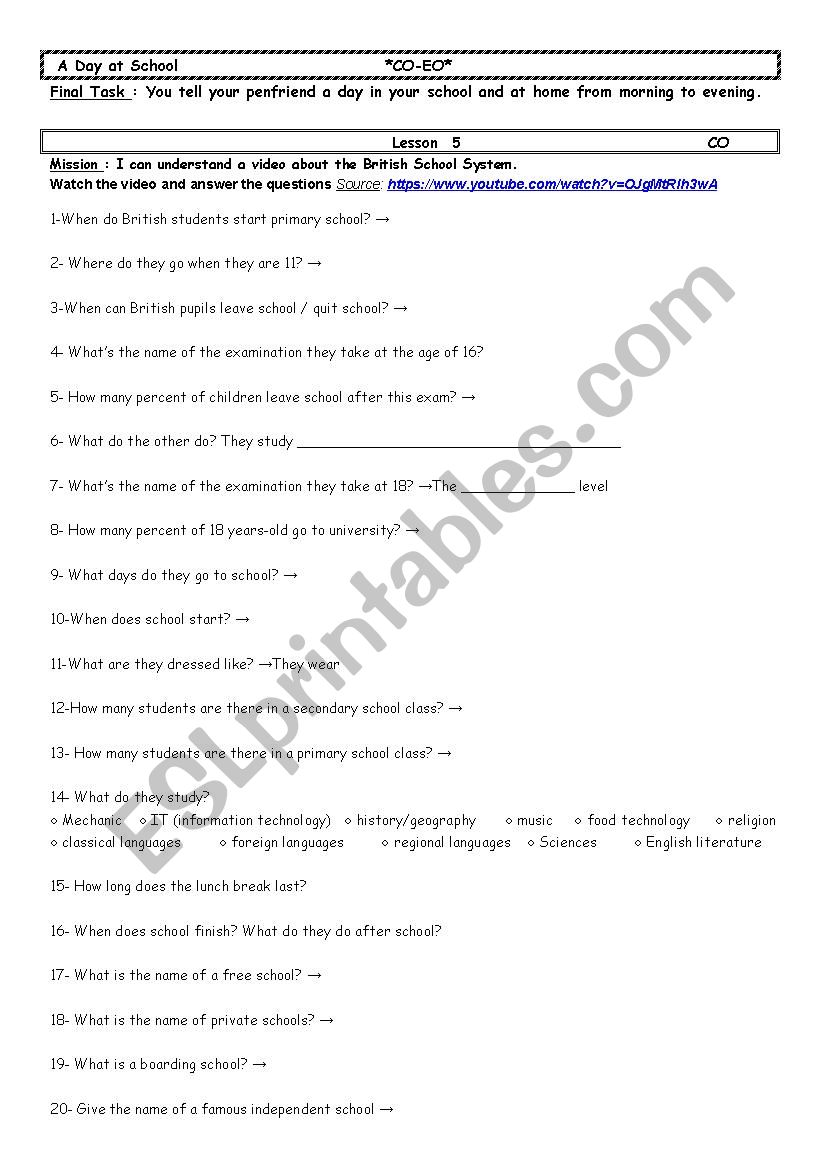 A Day at School Lesson5 worksheet