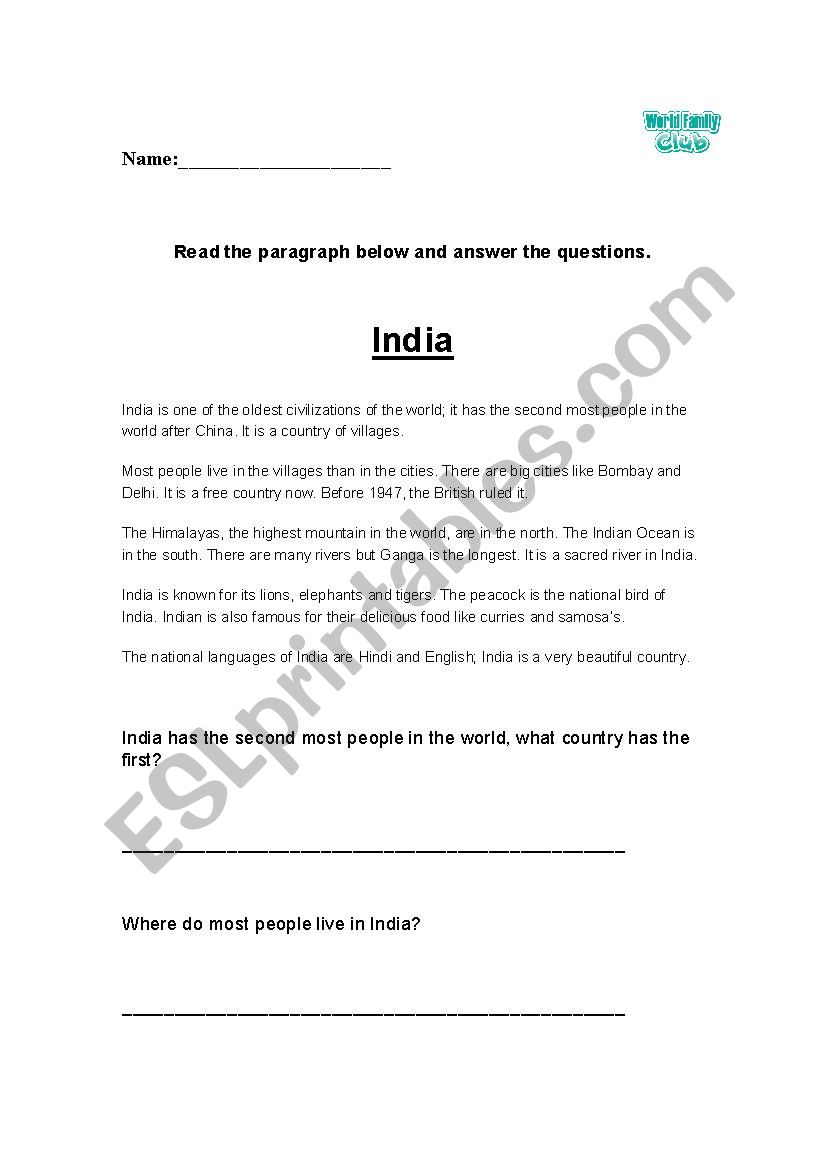 Learning about India worksheet