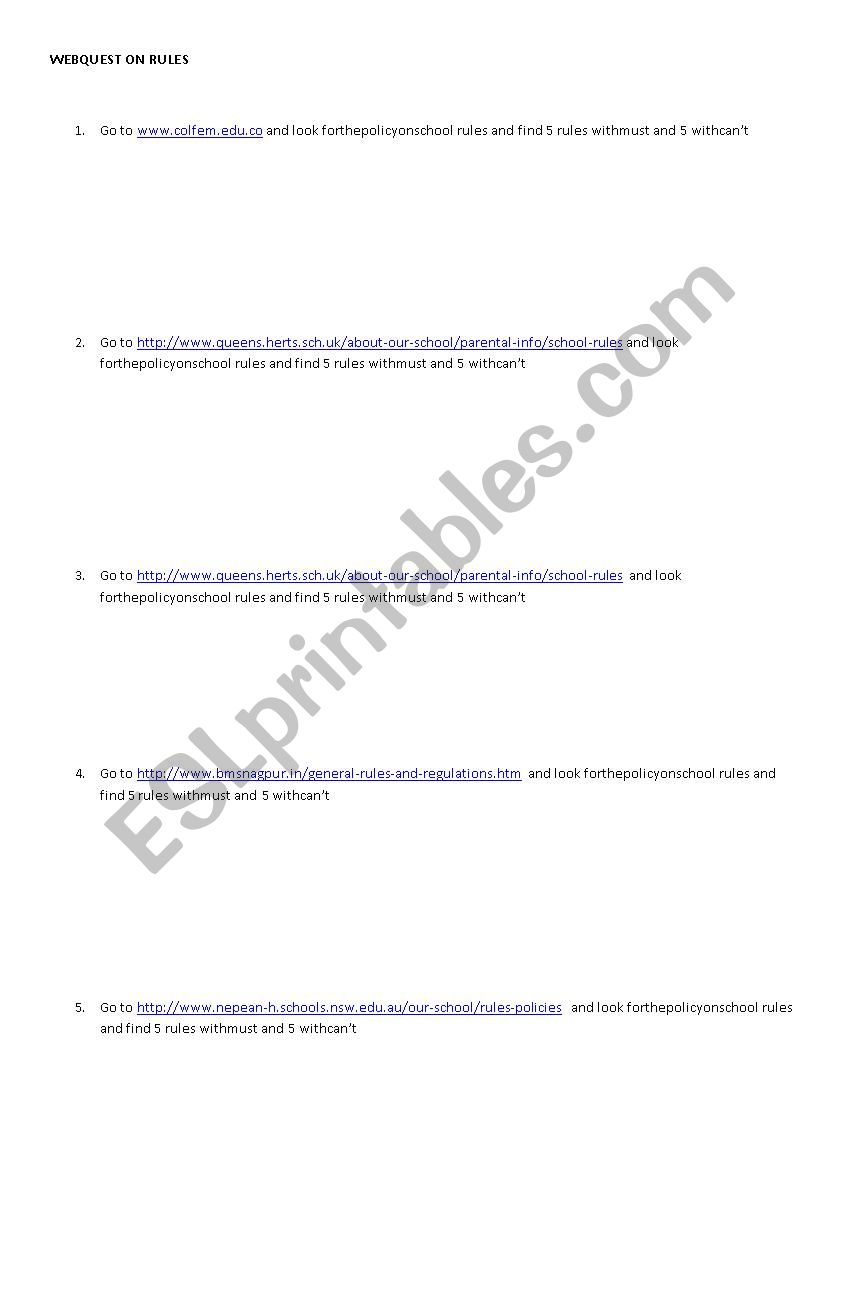Webquest on rules (modals cant and must)