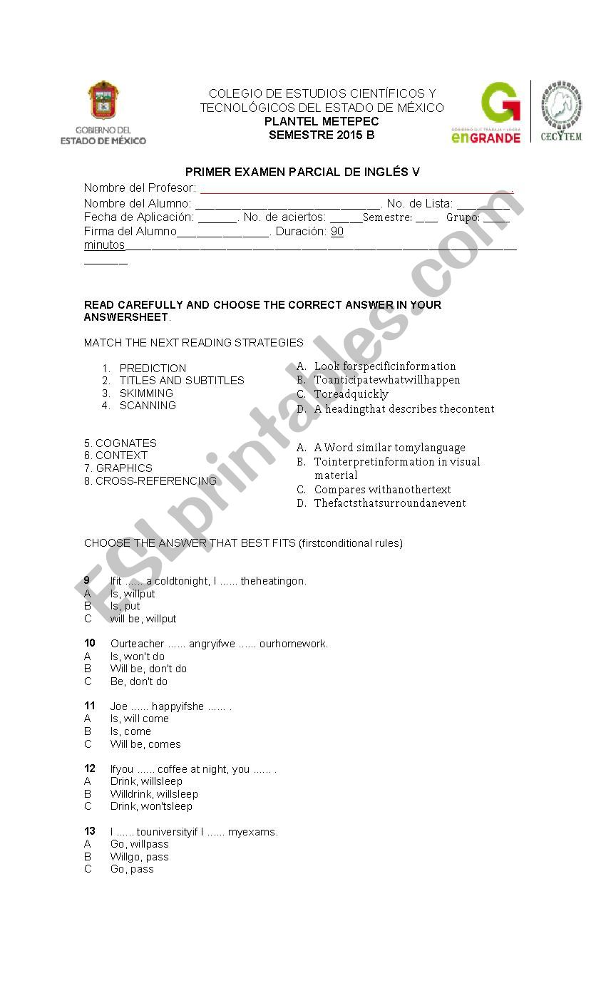 partial exam worksheet