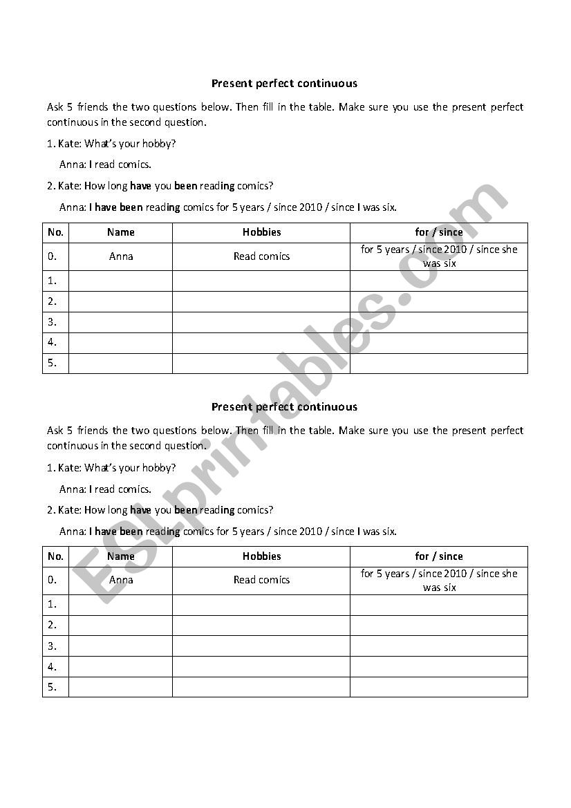 Present perfect continuous - hobbies survey