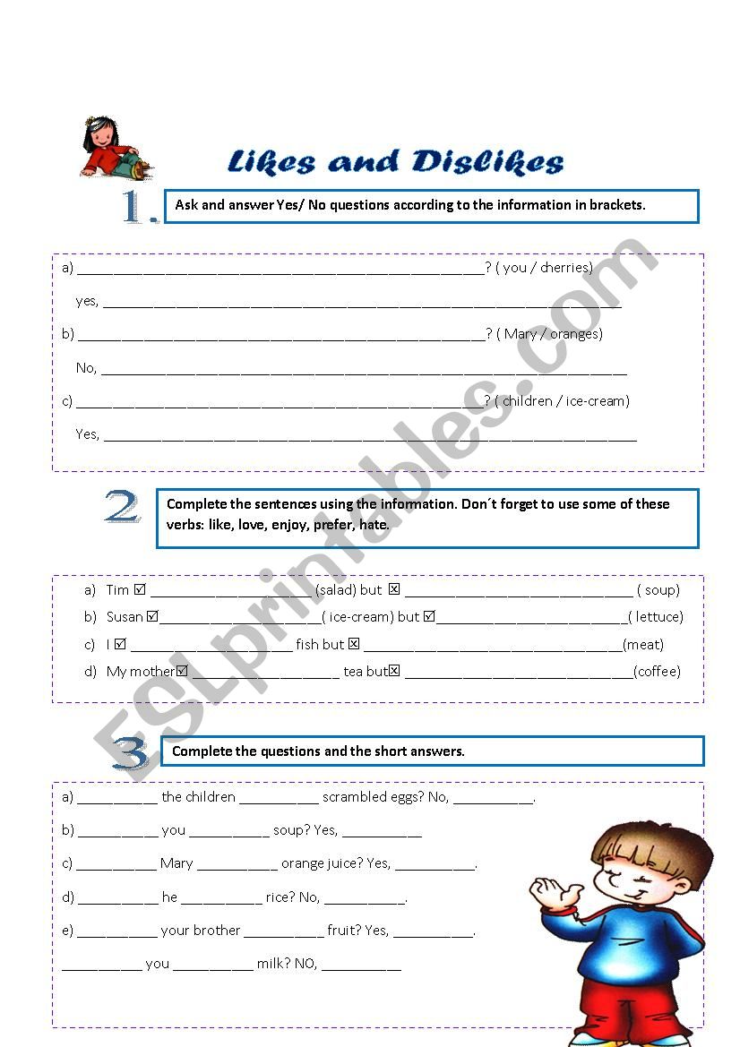 like and dislike worksheet