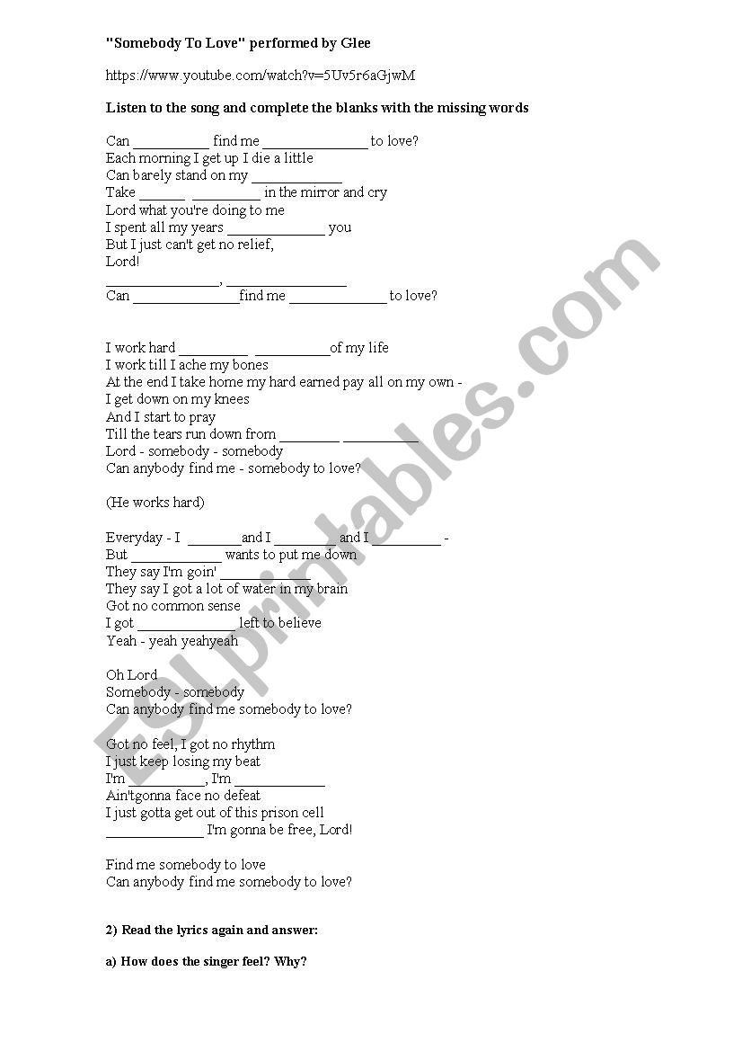 Song Somebody to love worksheet
