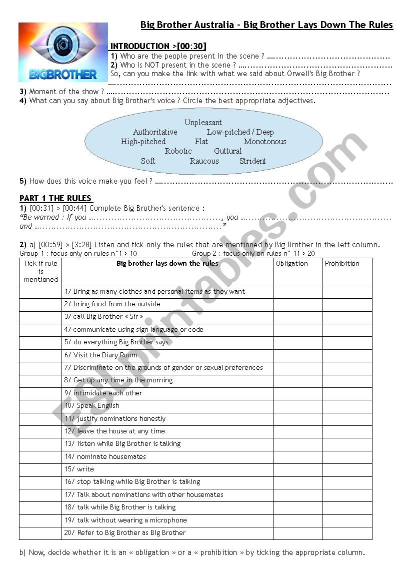 Big Brother reality tv show worksheet