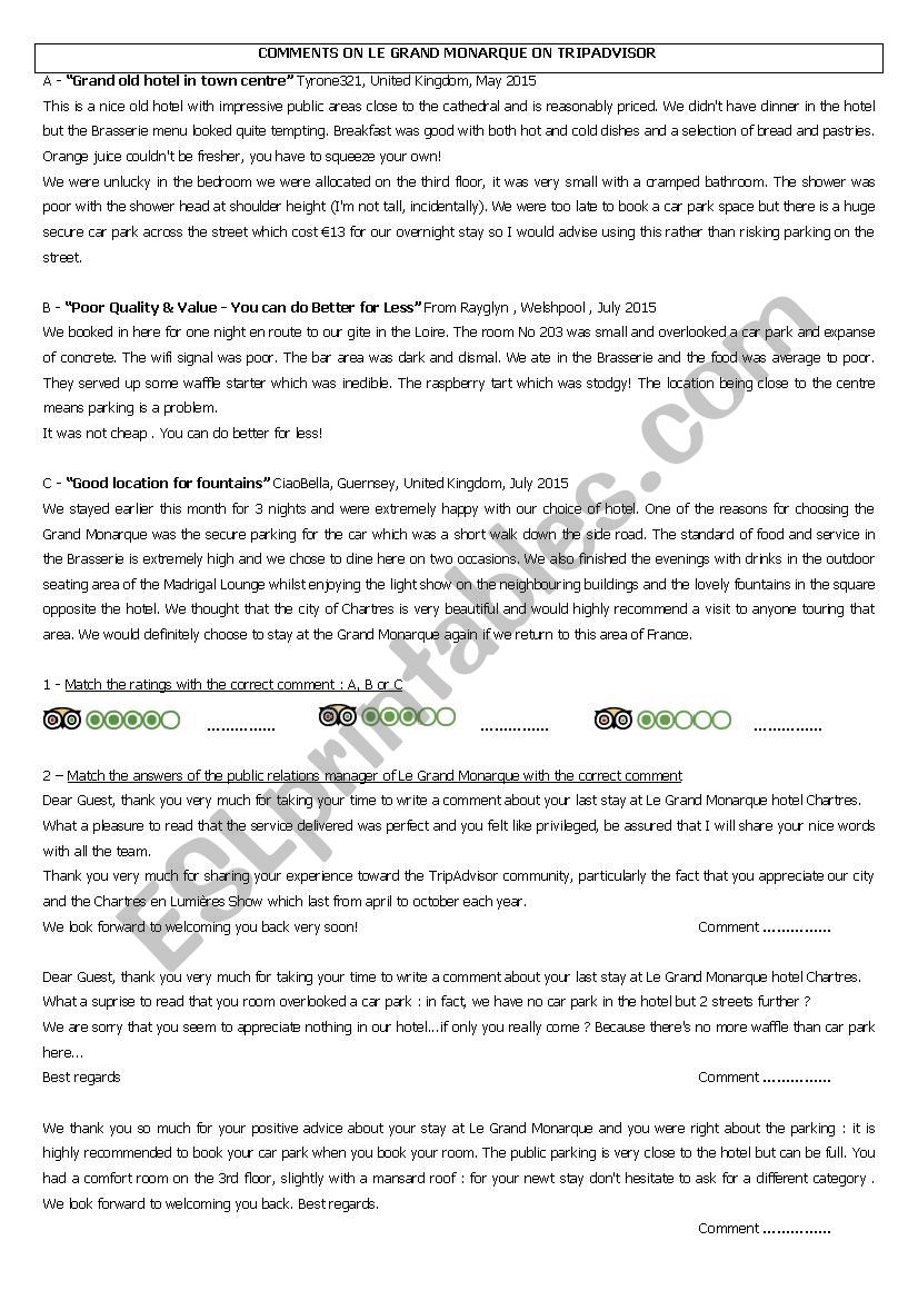 Comments on tripadvisor worksheet Comments on tripadvisor worksheet