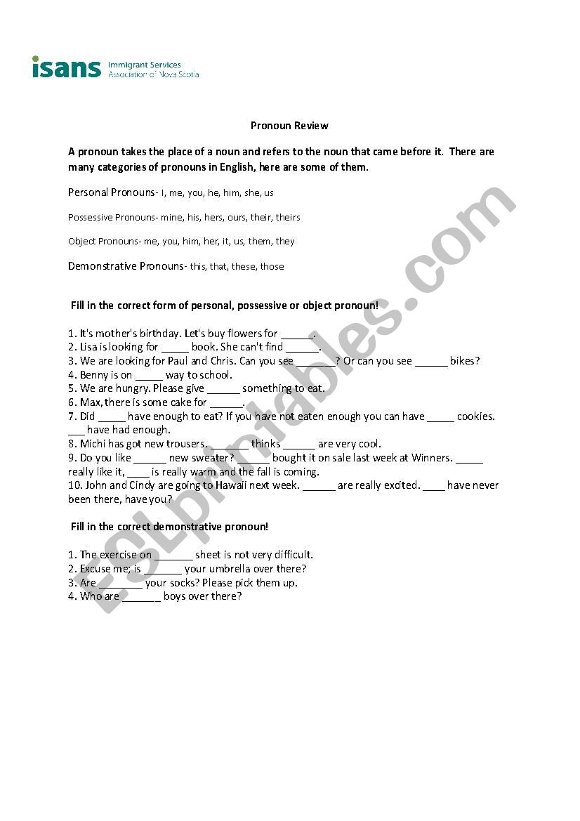 Pronoun Review worksheet