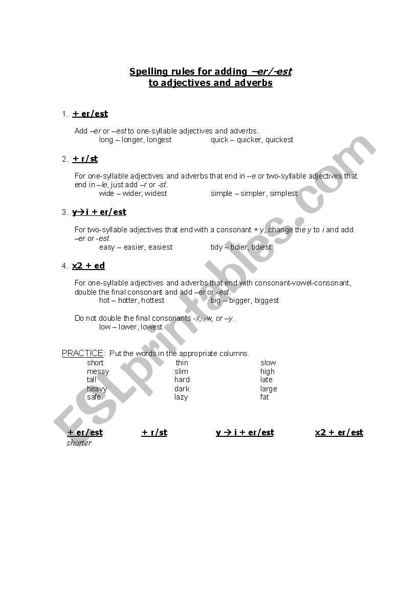 Spelling rules for adding -er/-est - self-study worksheet