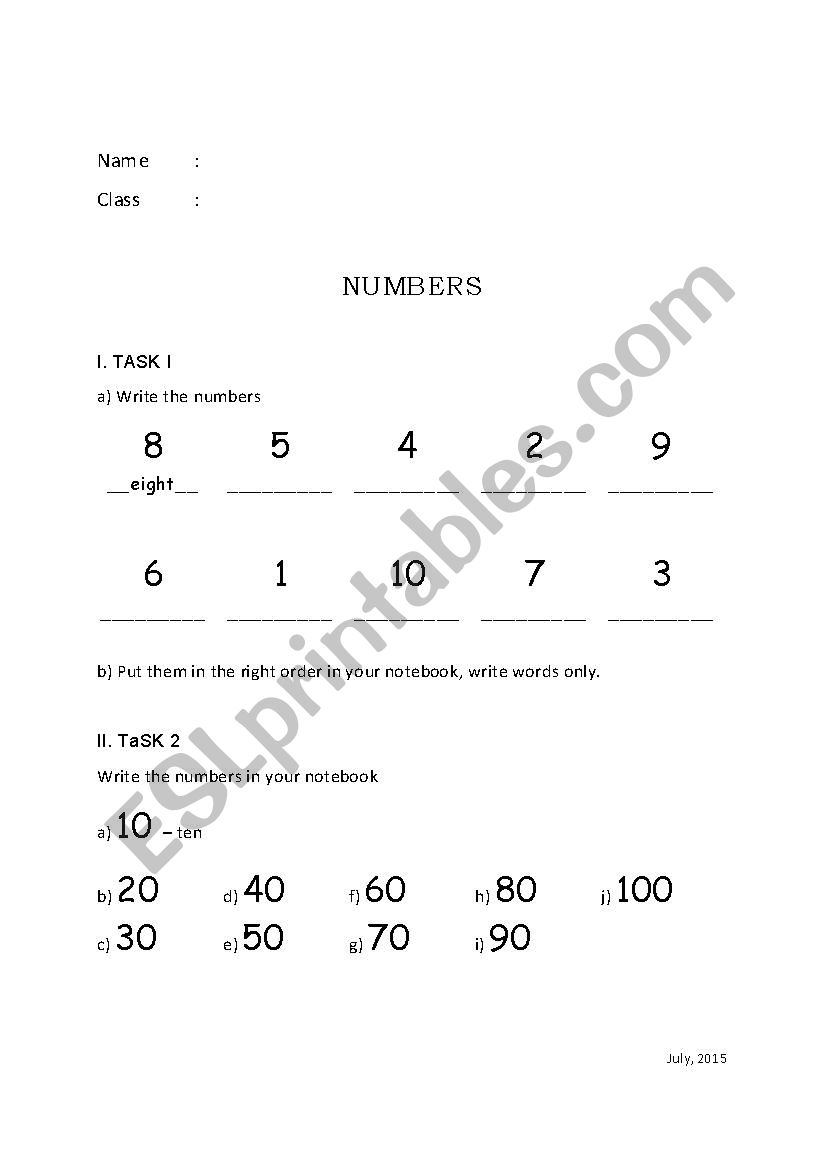 Numbers (Cardinal numbers) worksheet