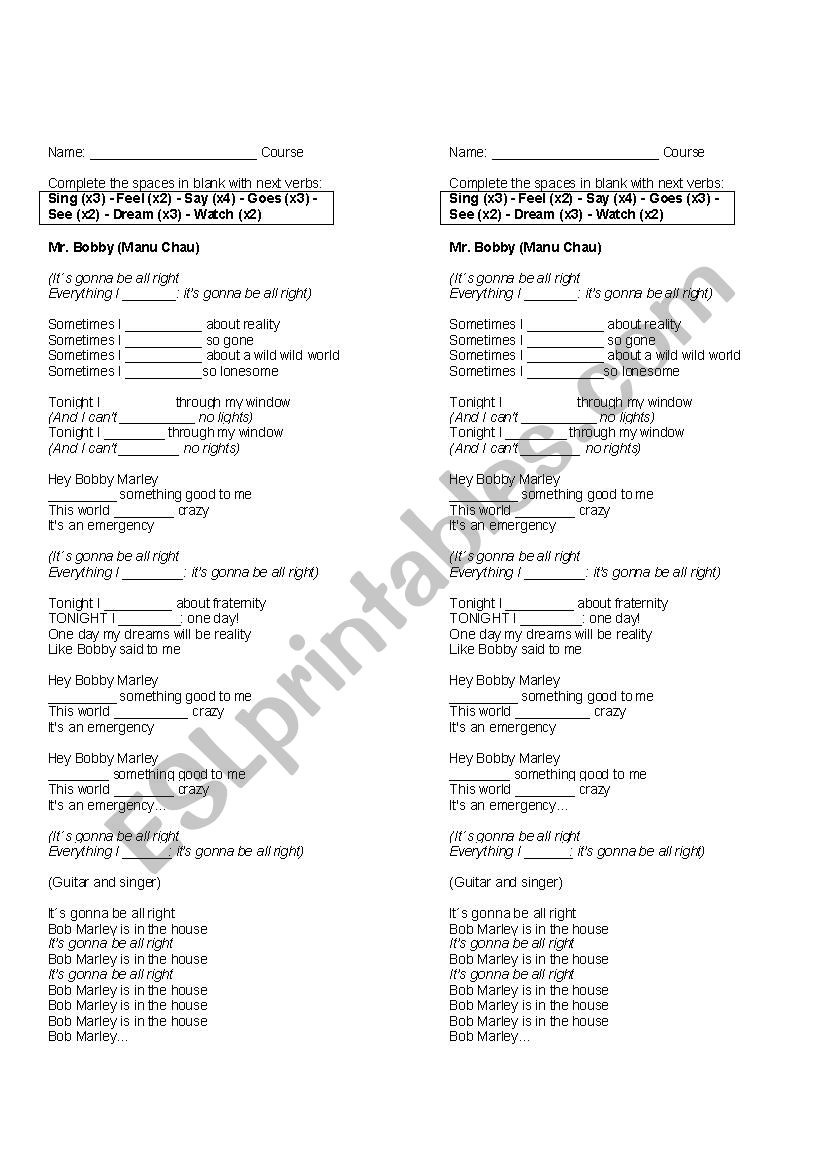 Mr Bobby song worksheet