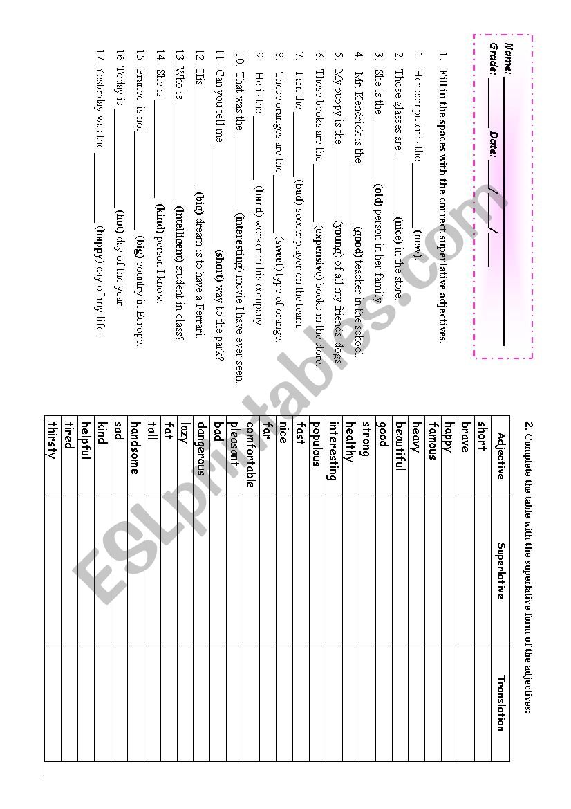 Superlative Adjectives worksheet