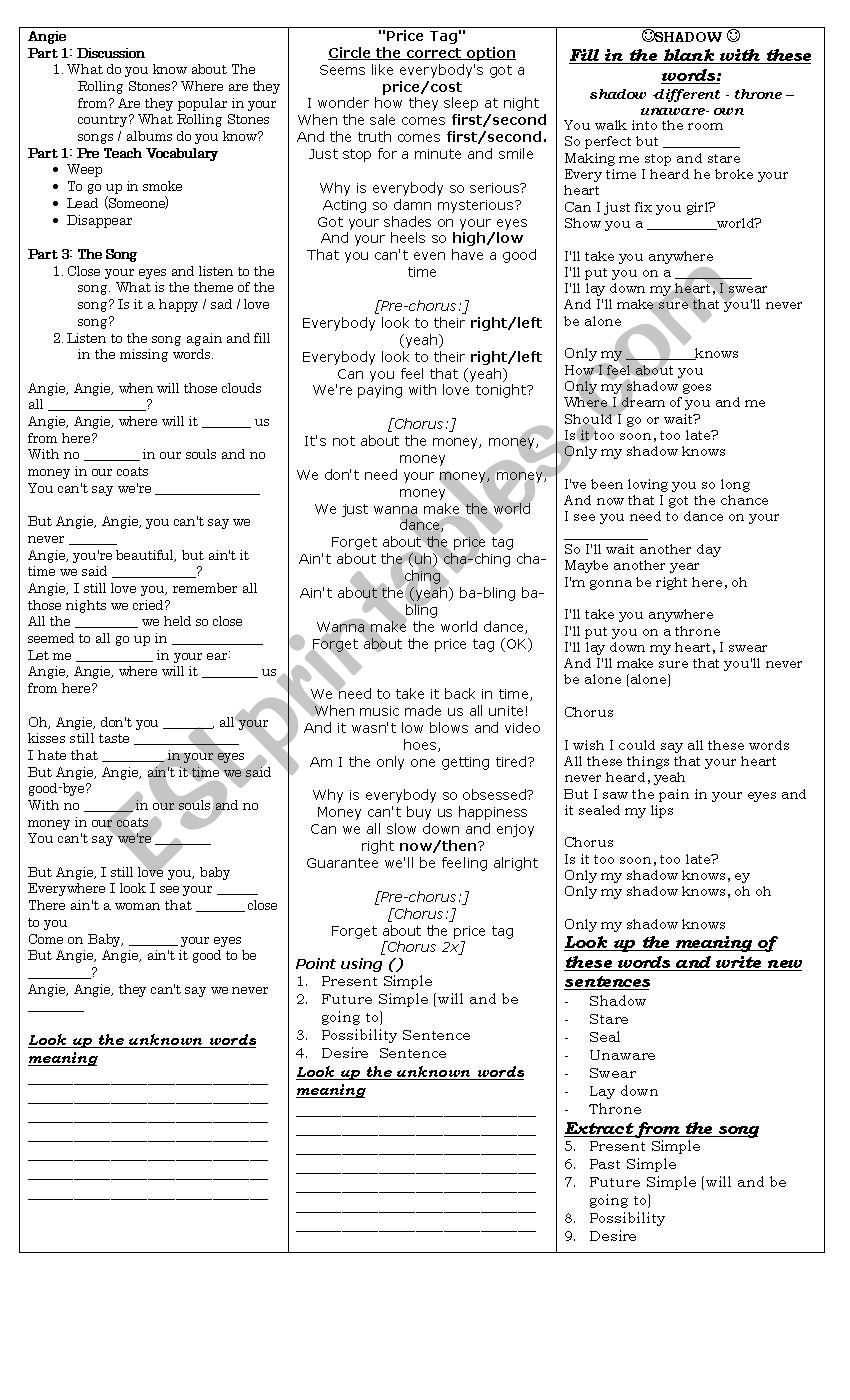 THREE SONGS IN ONE SHEET worksheet