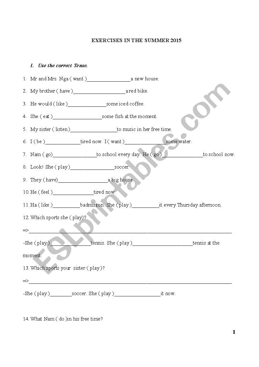 Supply the correct verb form worksheet