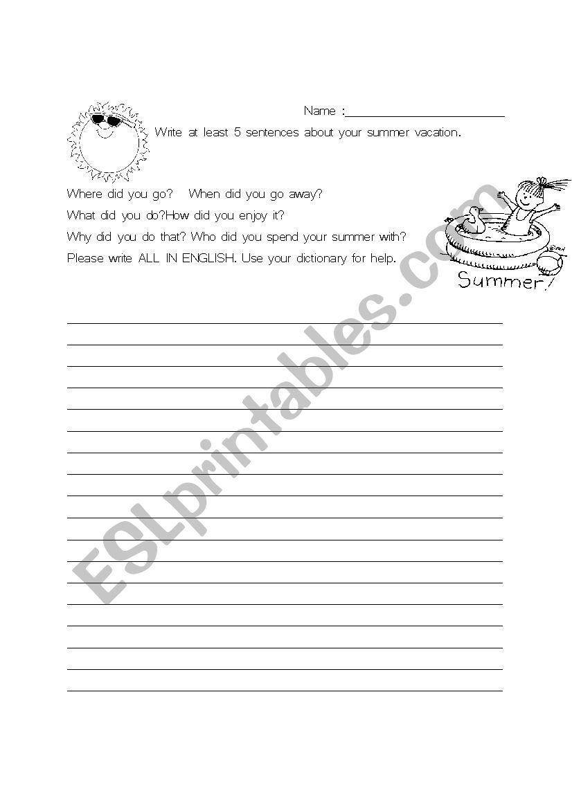 Writing activity for summer holiday